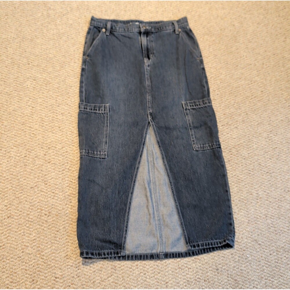 Old Navy Drapey Denim Cargo Midi Skirt Womens 4 Blue Mid Rise Front Slit Grunge